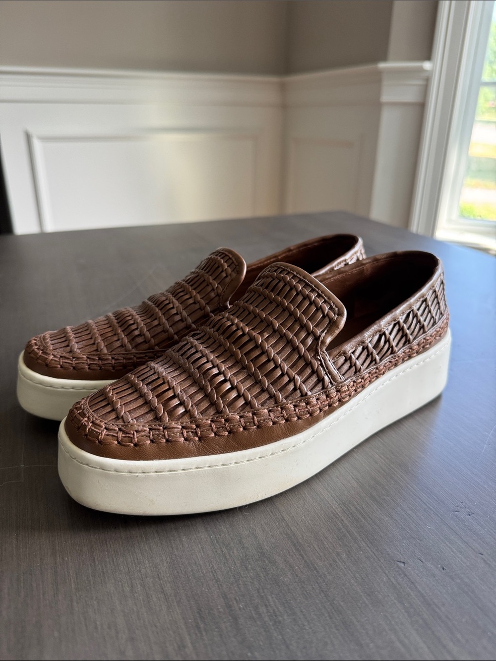Vince Brown Woven Leather Slip-On Loafers with White Platform Sole